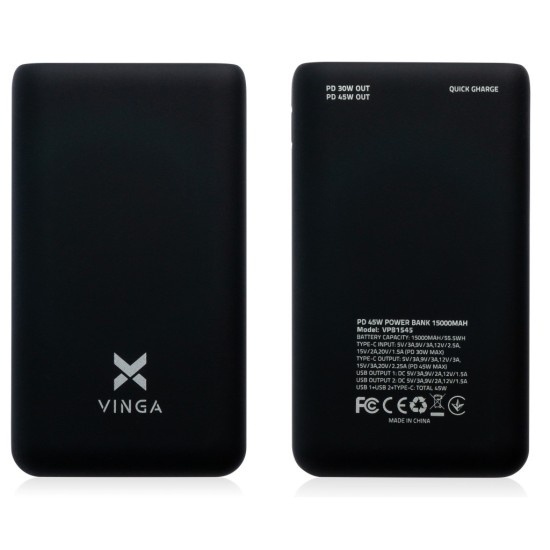 Батарея универсальная Vinga 15000 mAh 45W QC+PD (VPB1545)