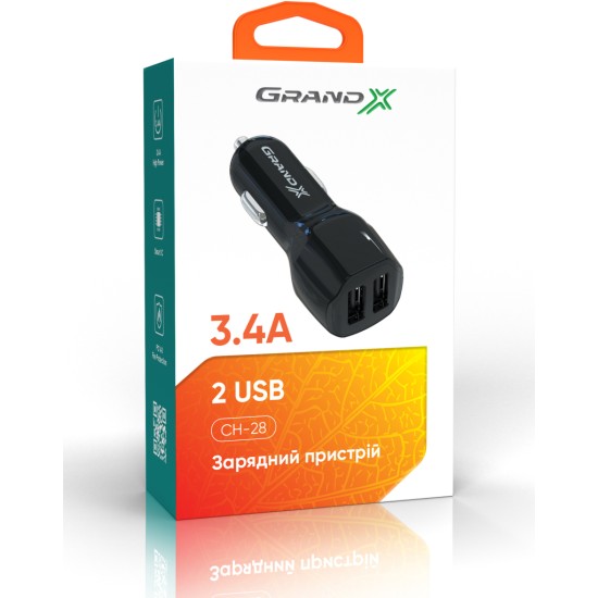 Зарядное устройство Grand-X 3,4A 12-24V Black 2USB 5V/3 (CH-28) Зарядное устройство Grand-X 3,4A 12-24V Black 2USB 5V/3 (CH-28)