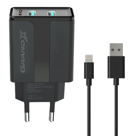 Зарядное устройство Grand-X 5V 2,1A Black + cable USB-Lightning (CH15LTB) Зарядное устройство Grand-X 5V 2,1A Black + cable USB-Lightning (CH15LTB)