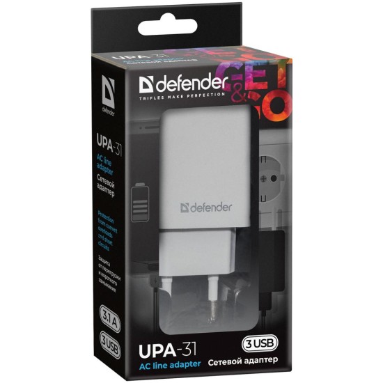 Зарядное устройство Defender UPA-31 white, 3xUSB, 5V / 3.1A (83587)