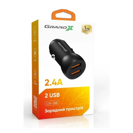 Зарядное устройство Grand-X car 2,1A, 12-24V, Black 2USB 5V/2.1A (CH-26) Зарядное устройство Grand-X car 2,1A, 12-24V, Black 2USB 5V/2.1A (CH-26)