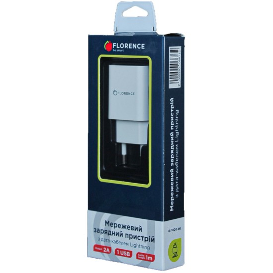 Зарядний пристрій Florence 1USB 2A + Lightning cable white (FL-1020-WL)