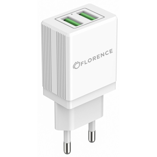 Зарядний пристрій Florence 2USB 2A + microUSB cable white (FL-1021-WM)
