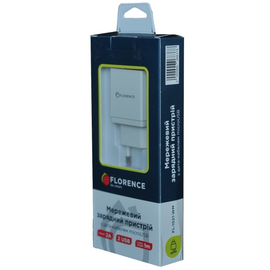 Зарядний пристрій Florence 2USB 2A + microUSB cable white (FL-1021-WM)